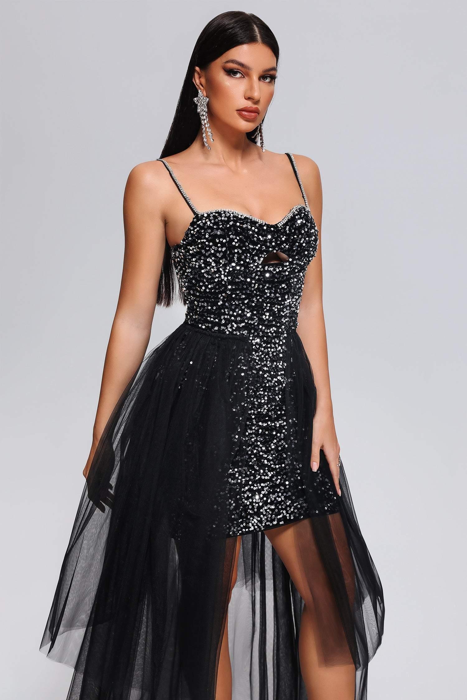 Black Sequin Mini Dress with Tulle | Mix Mix Style [Hot Seller]-Mix MIx Style