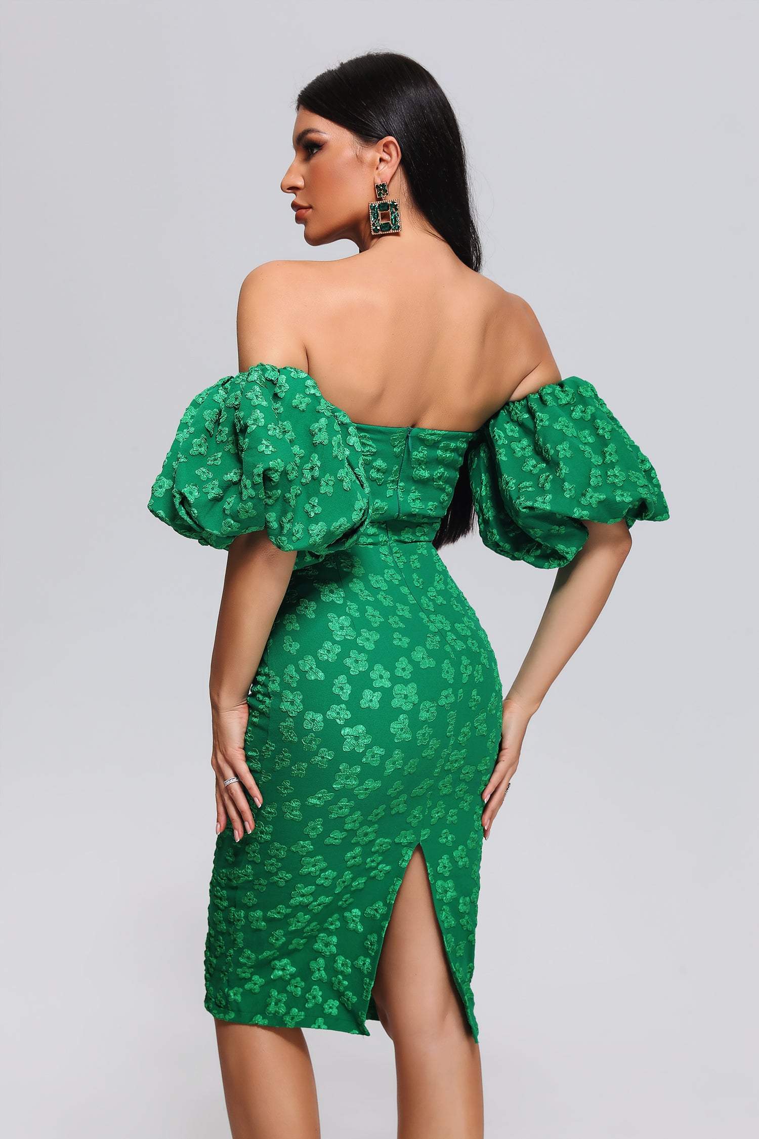 Off Shoulder Green Jacquard Mini Dress | Mix Mix Style [Hot Seller]-Mix MIx Style