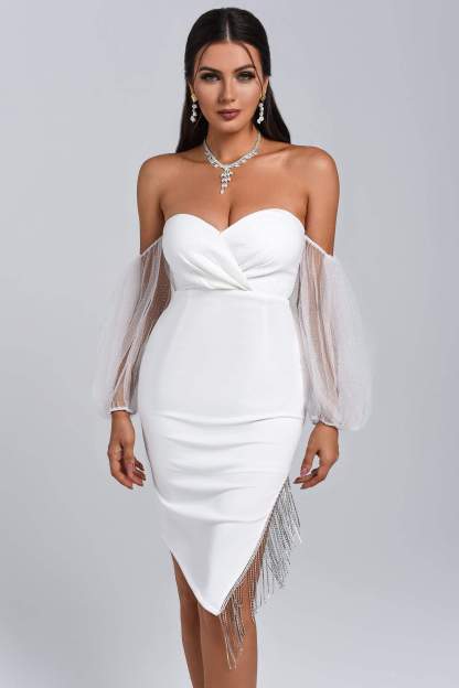 Off Shoulder Slit Midi Bandage Dress in White | Mix Mix Style [Hot Seller]-Mix MIx Style