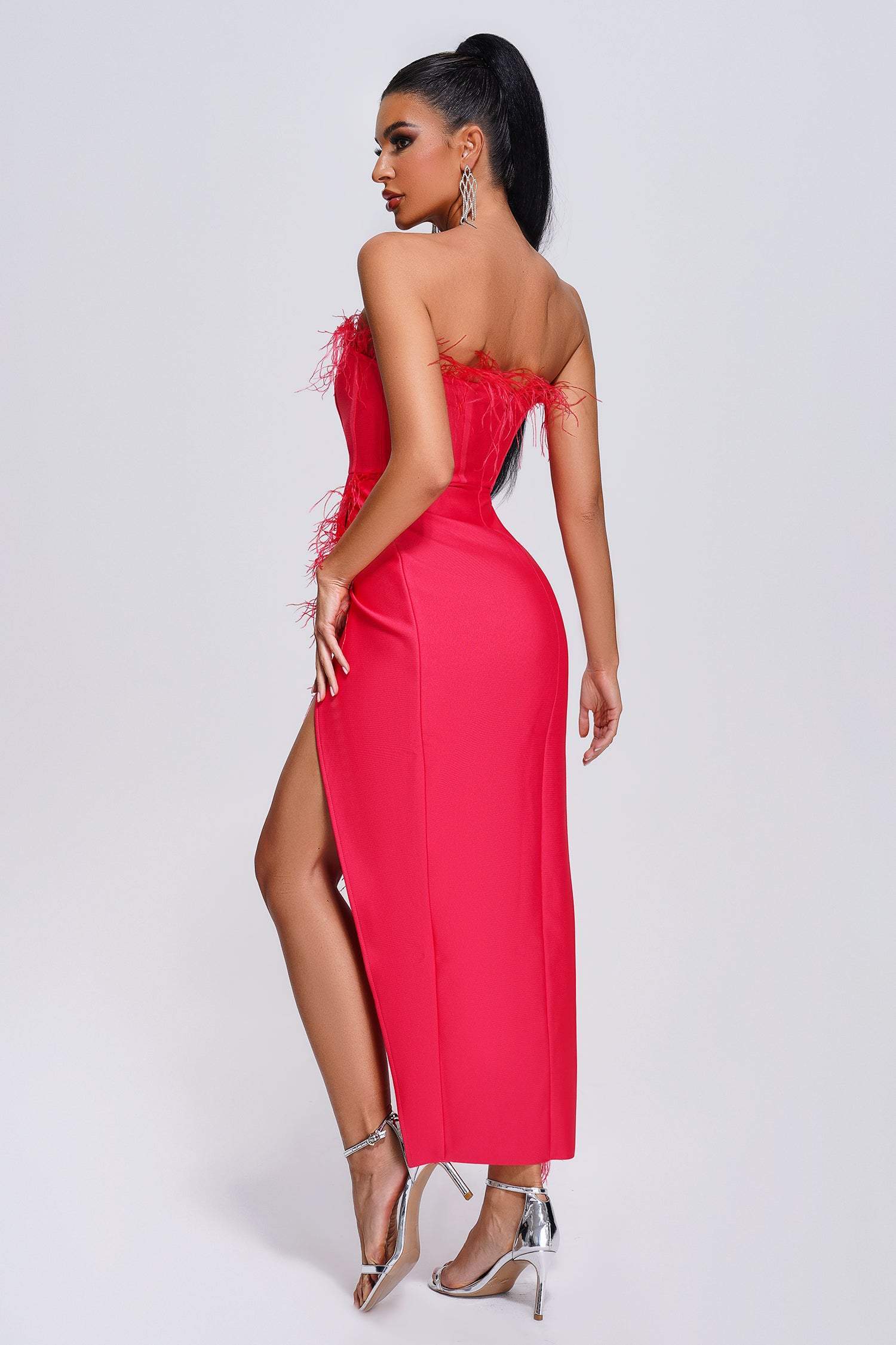 Pink Strapless Feather Midi Bandage Dress | Mix Mix Style [Hot Seller]-Mix MIx Style