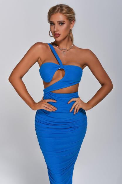 Blue One-Shoulder Cutout Mesh Midi Bandage Dress | Mix Mix Style [Hot Seller]-Mix MIx Style