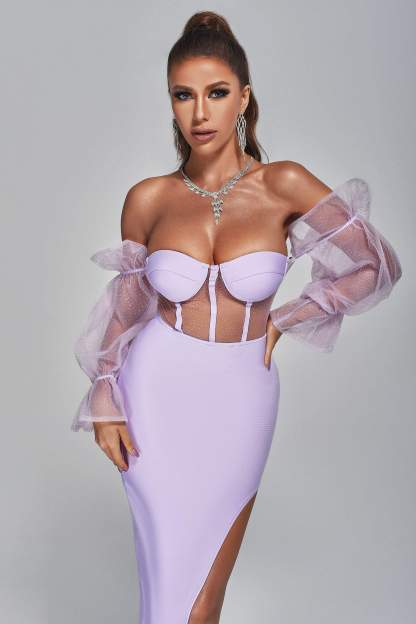 Lilac Off Shoulder Slit Midi Bandage Dress | Mix Mix Style [Hot Seller]-Mix MIx Style