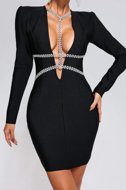 Black Long Sleeve Diamonate Mini Bandage Dress | Mix Mix Style [Hot Seller]-Mix MIx Style