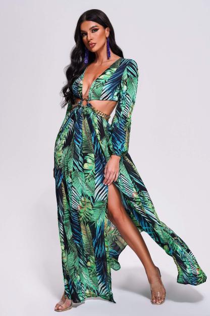 Printed Cutout Slit Maxi Dress-Mix MIx Style