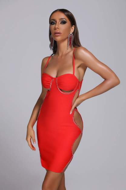 Diamonate Cutout Mini Bandage Dress in Red | Mix Mix Style [Hot Seller]-Mix MIx Style