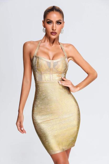 Halter Black Metallic Cocktail Dress - Gold | Mix Mix Style [Hot Seller]-Mix MIx Style