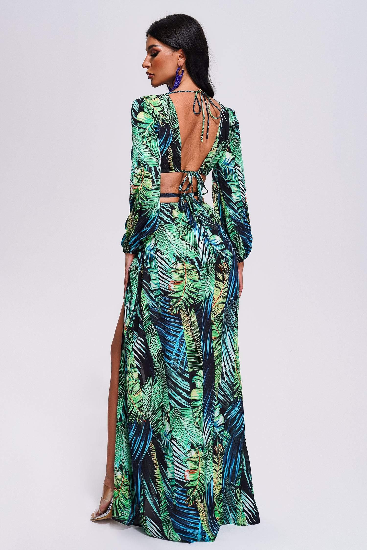 Printed Cutout Slit Maxi Dress-Mix MIx Style