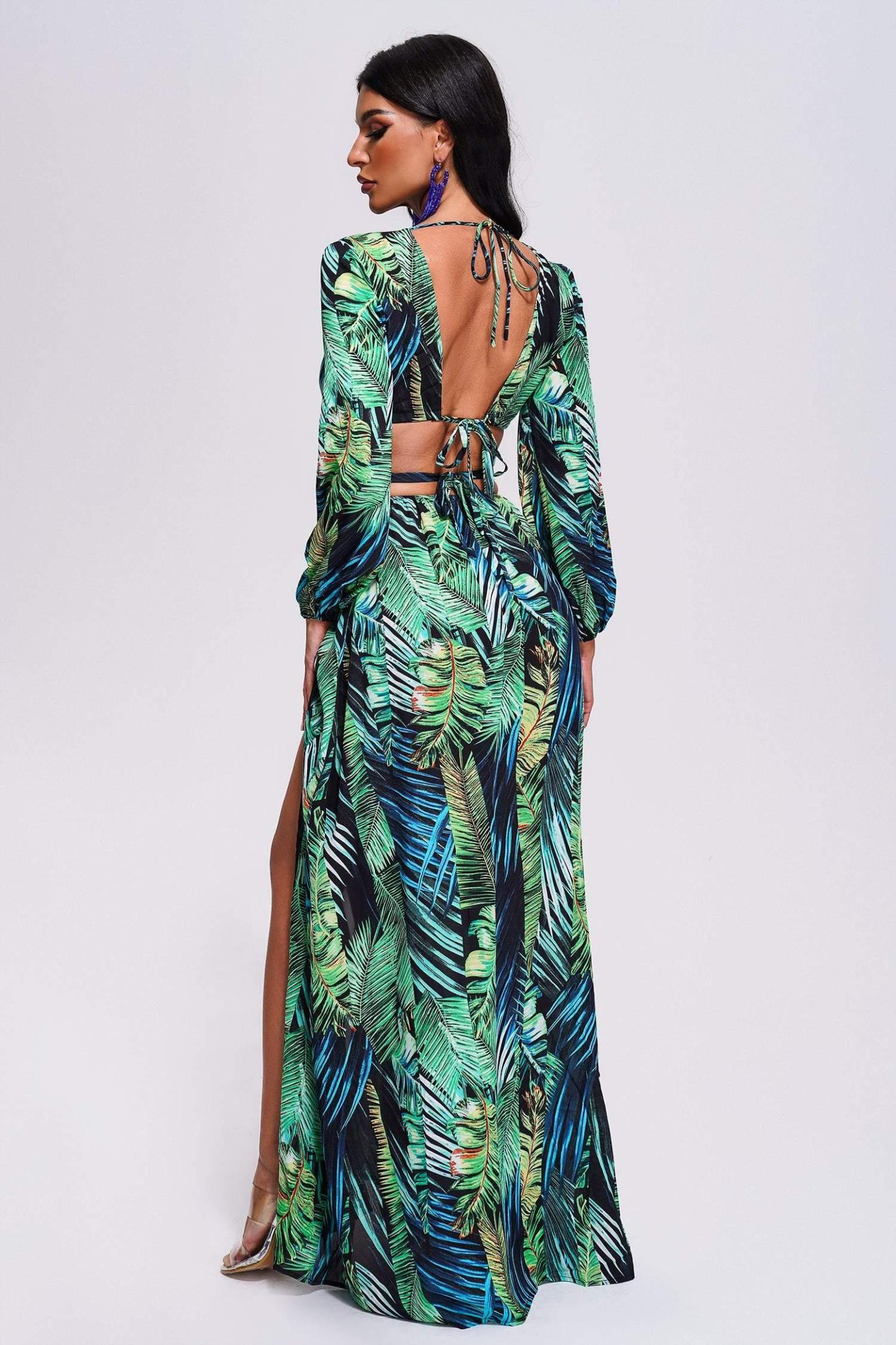 Printed Cutout Slit Maxi Dress-Mix MIx Style