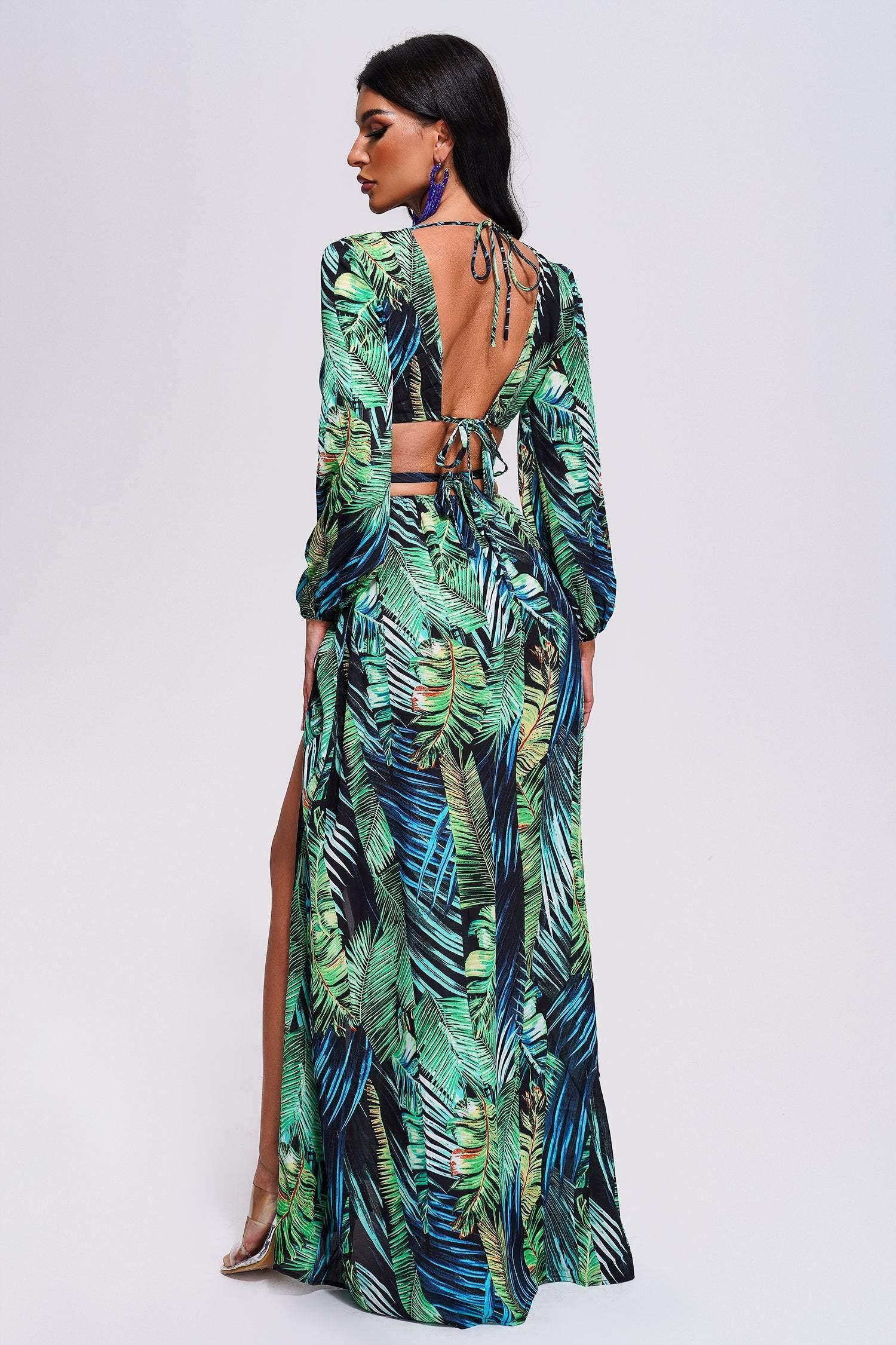 Printed Cutout Slit Maxi Dress-Mix MIx Style