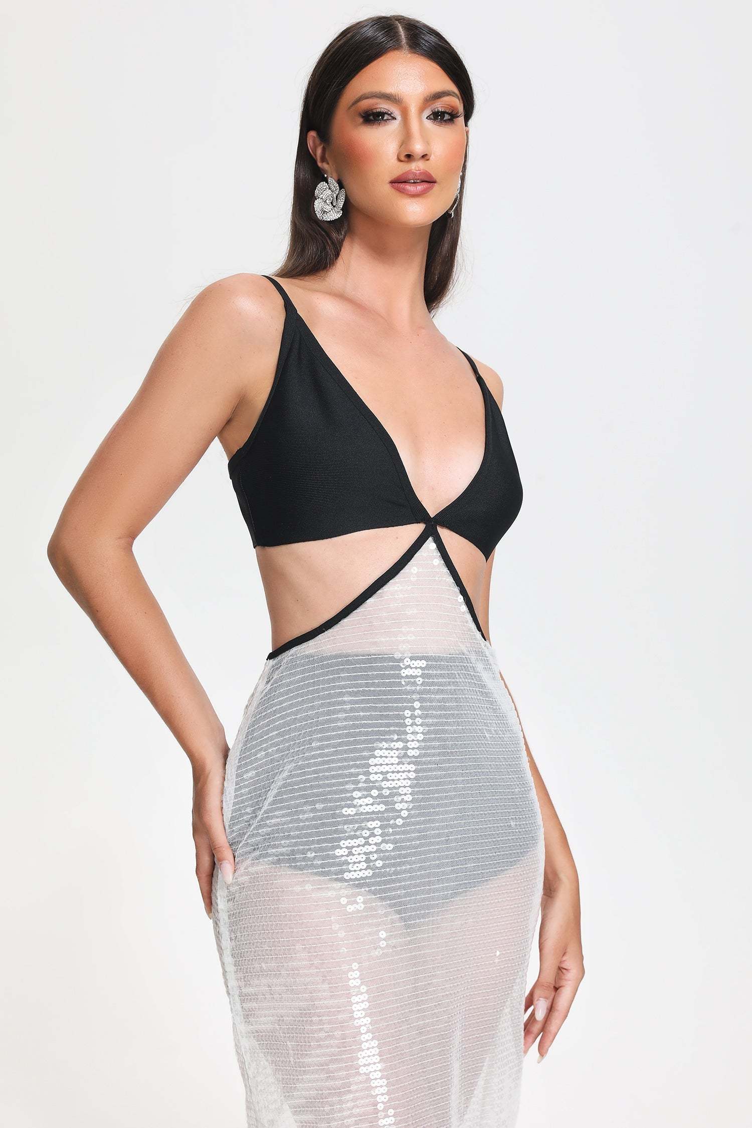 Cutout Sequin Midi Bandage Dress in Black and White | Mix Mix Style [Hot Seller]-Mix MIx Style