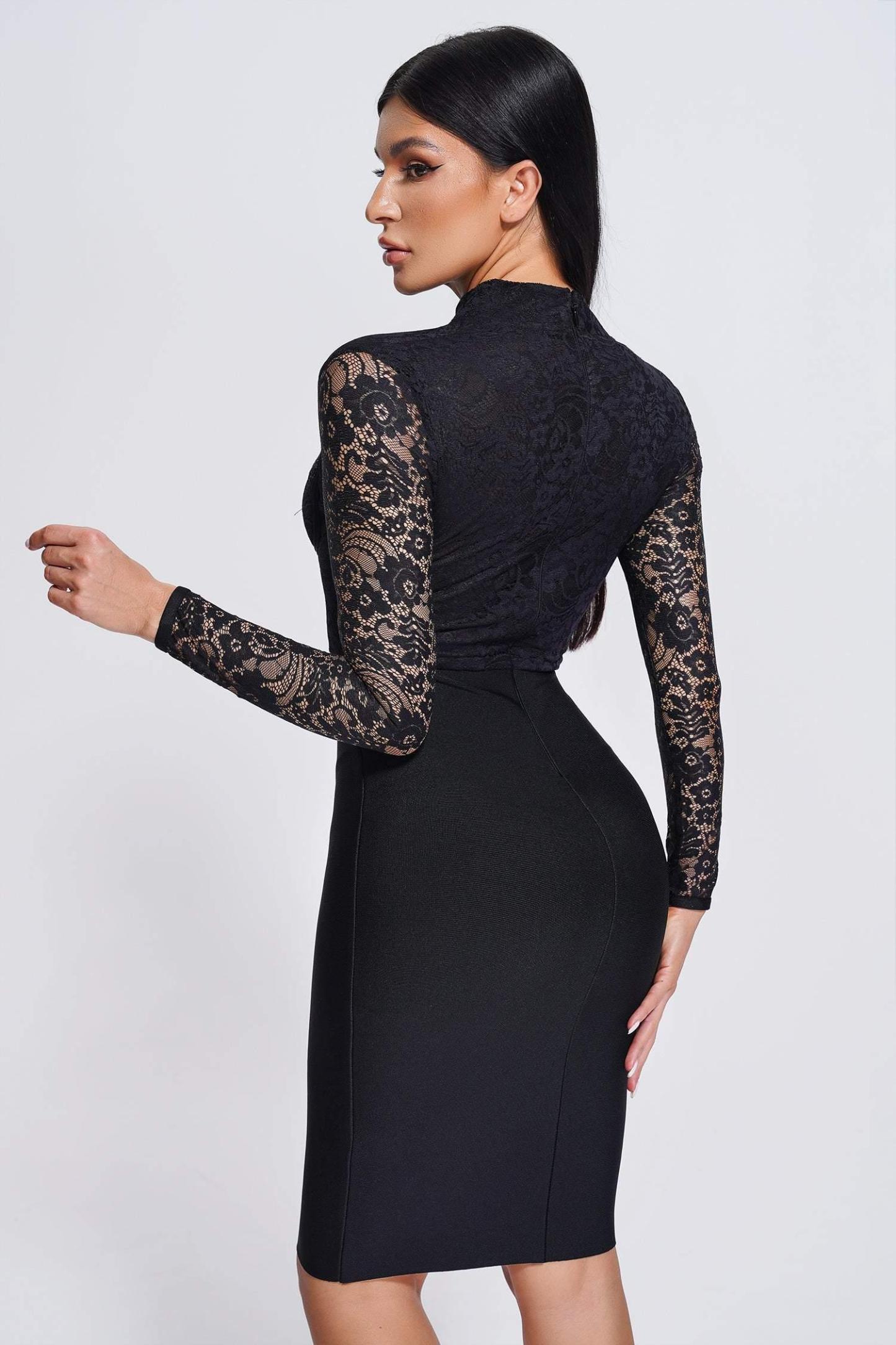 Long Sleeve Lace Midi Bandage Dress in Black | Mix Mix Style [Hot Seller]-Mix MIx Style