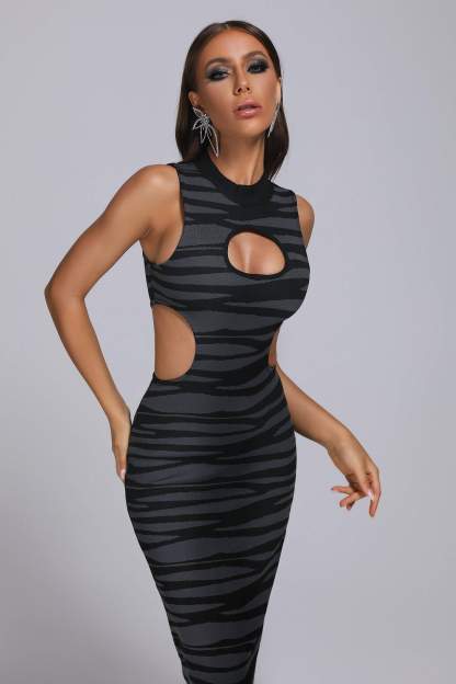 Black Zebra Midi Bandage Dress | Mix Mix Style [Hot Seller]-Mix MIx Style