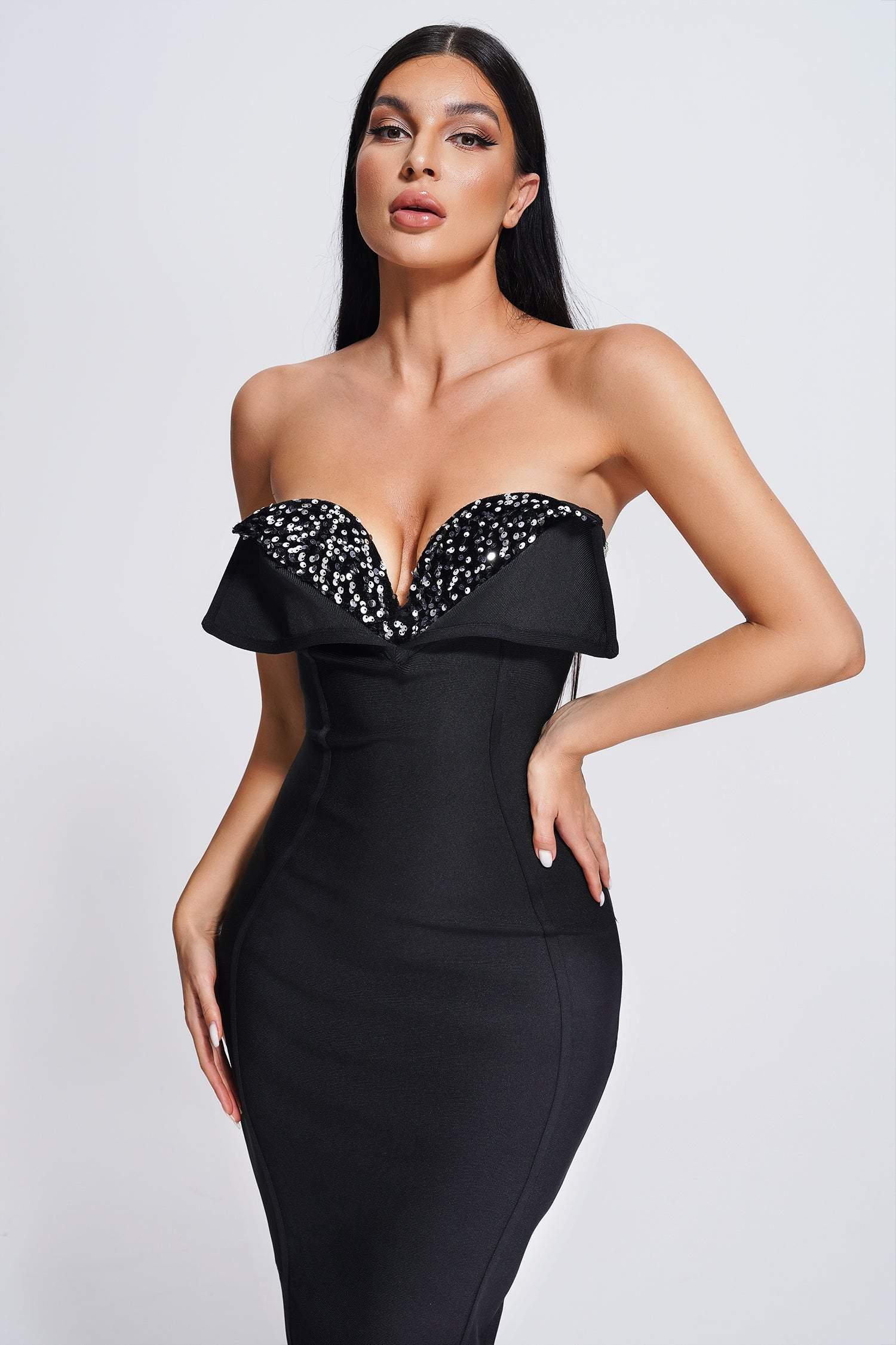 Black Strapless Sequin Midi Bandage Dress | Mix Mix Style [Hot Seller]-Mix MIx Style