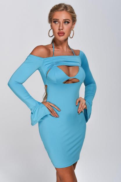 Long Sleeve Cutout Midi Dress in Blue | Mix Mix Style [Hot Seller]-Mix MIx Style