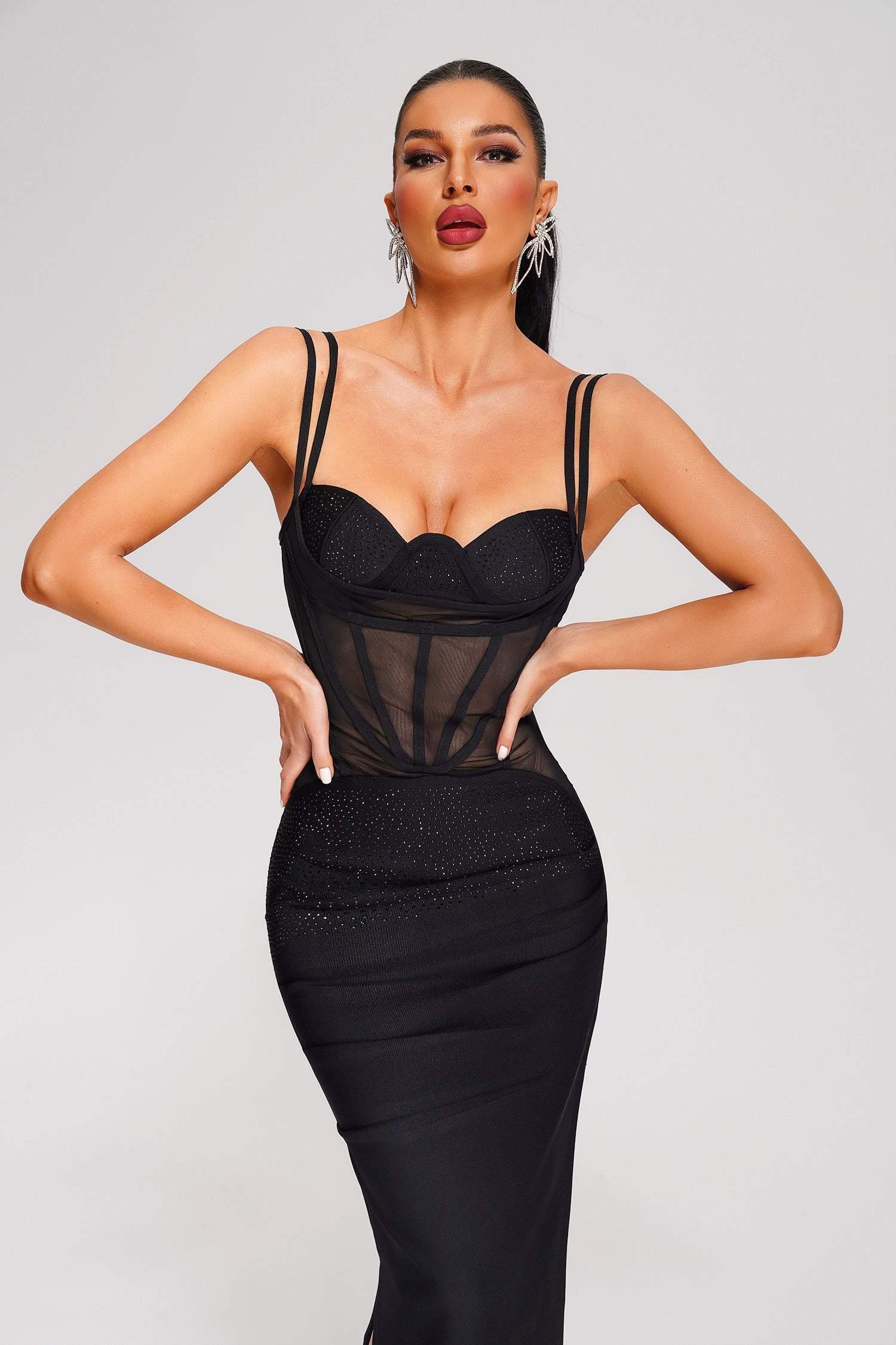 Crystallised Corset Midi Bandage Dress in Black | Mix Mix Style [Hot Seller]-Mix MIx Style