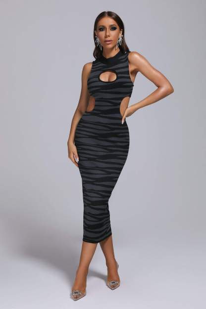 Black Zebra Midi Bandage Dress | Mix Mix Style [Hot Seller]-Mix MIx Style