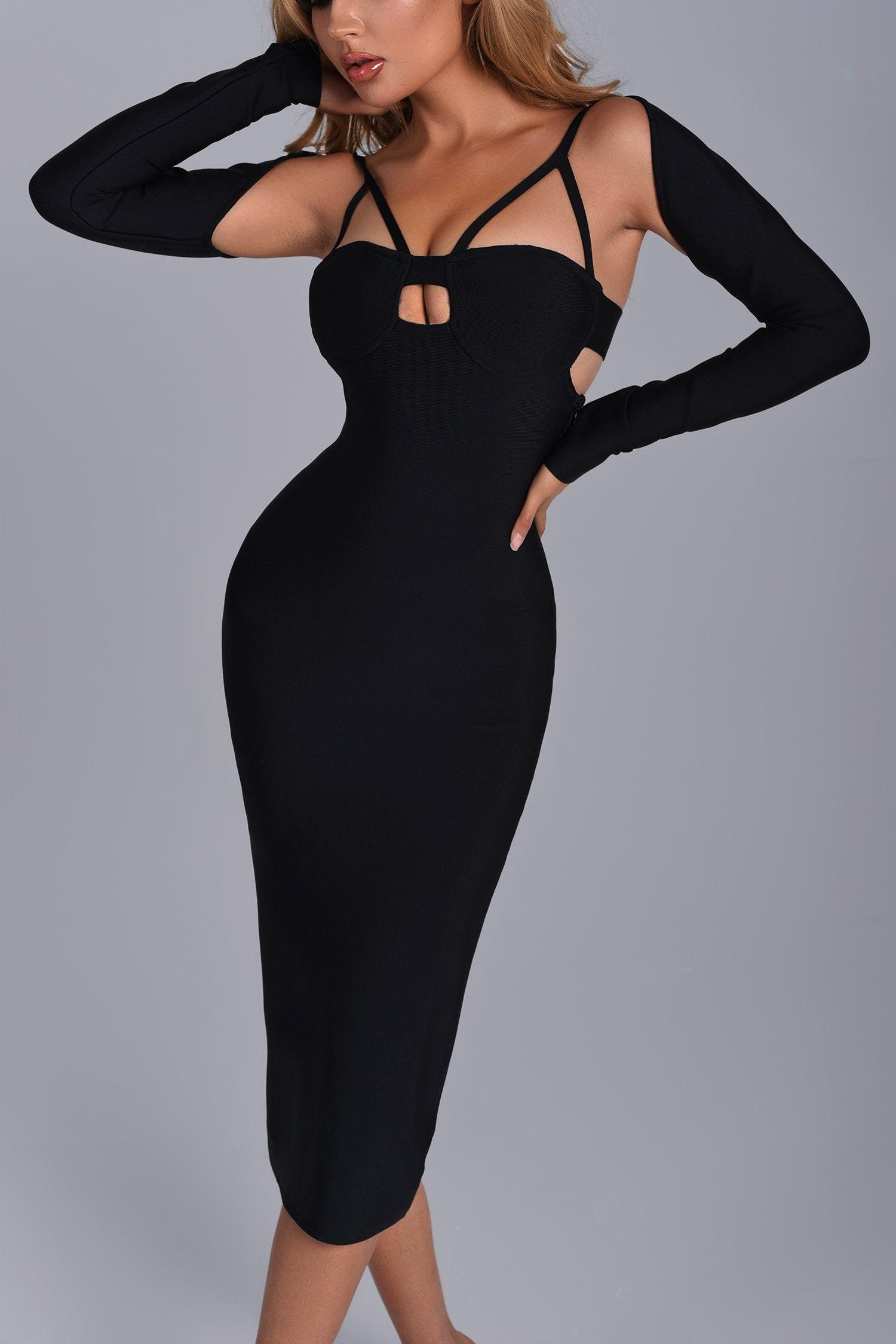 Long Sleeve Cutout Midi Bandage Dress in Black | Mix Mix Style [Hot Seller]-Mix MIx Style
