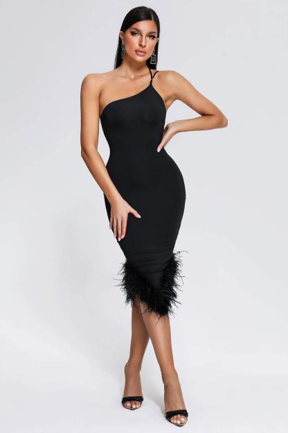 Rate Feather One Shoulder Midi Dress - Black | Mix Mix Style [Hot Seller]-Mix MIx Style