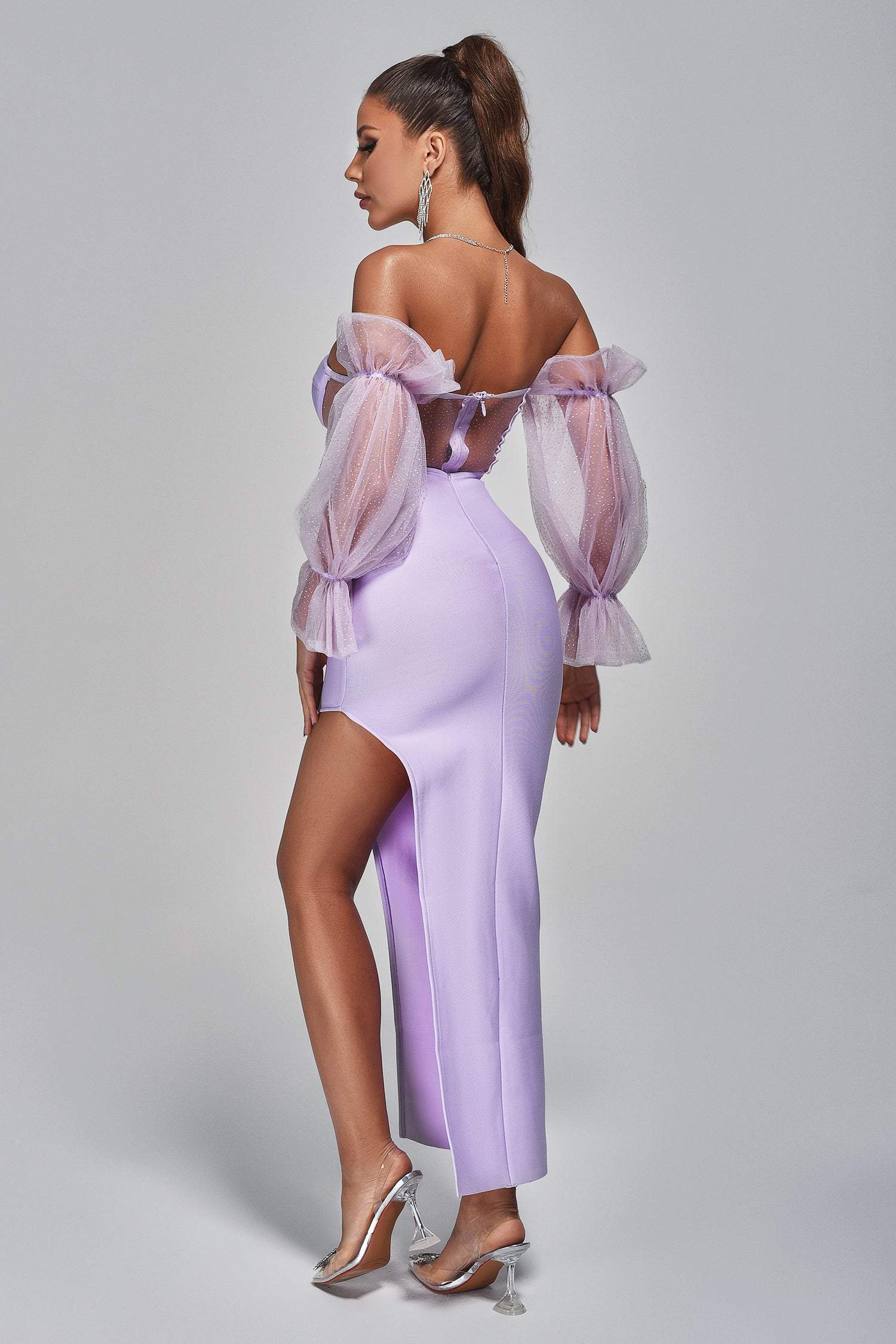 Lilac Off Shoulder Slit Midi Bandage Dress | Mix Mix Style [Hot Seller]-Mix MIx Style