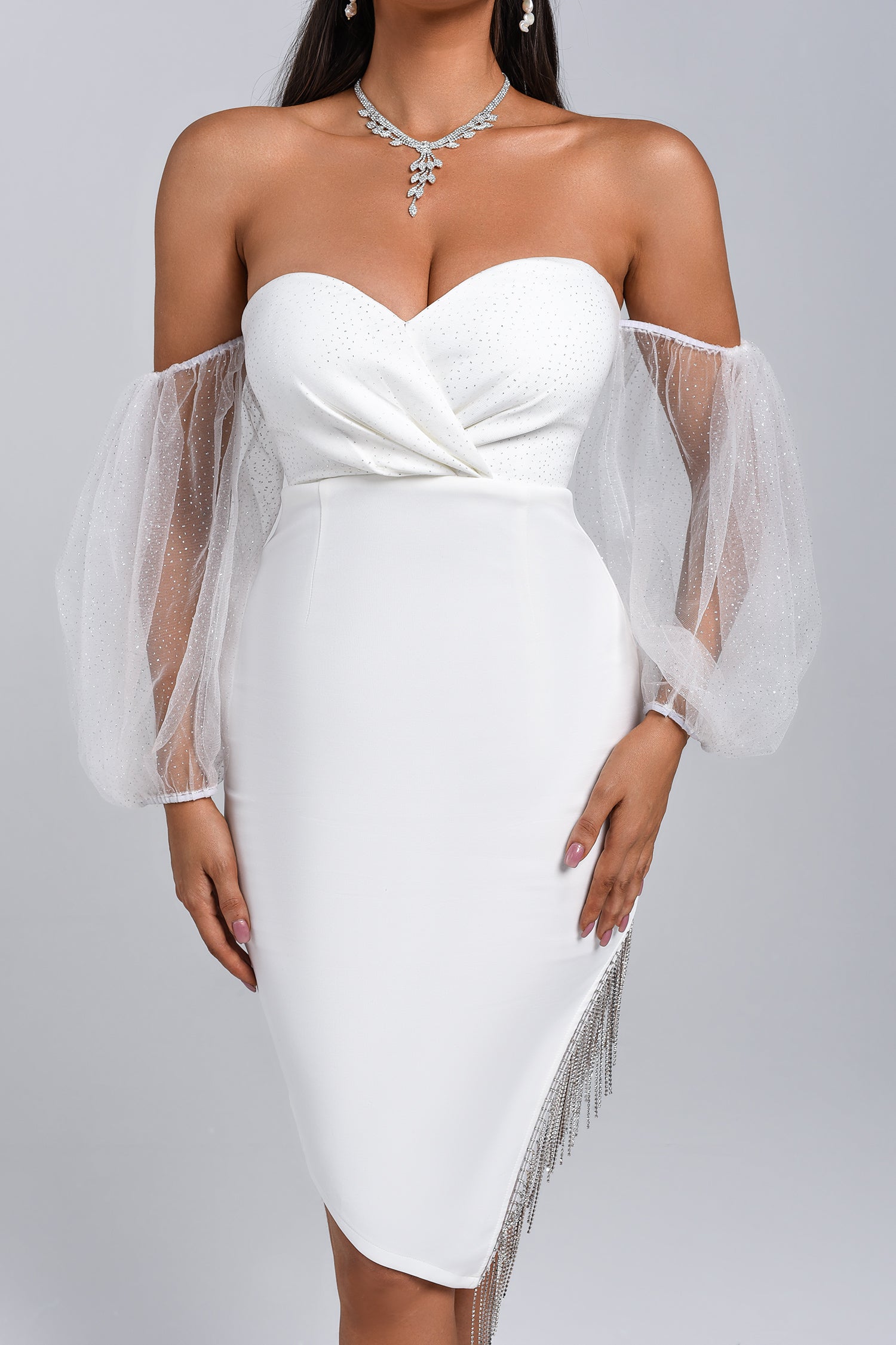 Off Shoulder Slit Midi Bandage Dress in White | Mix Mix Style [Hot Seller]-Mix MIx Style
