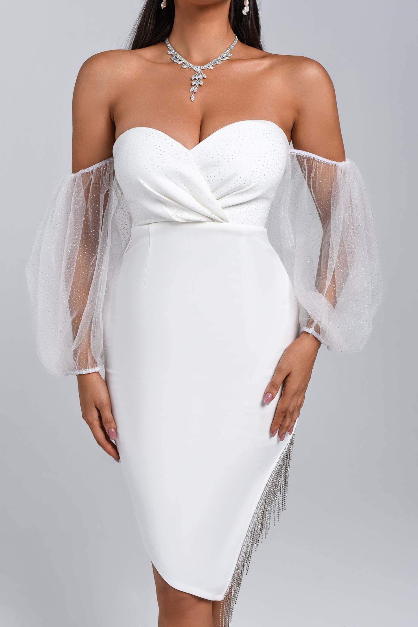 Off Shoulder Slit Midi Bandage Dress in White | Mix Mix Style [Hot Seller]-Mix MIx Style