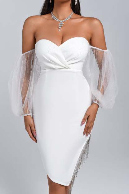 Off Shoulder Slit Midi Bandage Dress in White | Mix Mix Style [Hot Seller]-Mix MIx Style