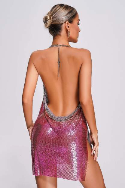 Pink Backless Metallic Mesh Mini Dress | Mix Mix Style [Hot Seller]-Mix MIx Style