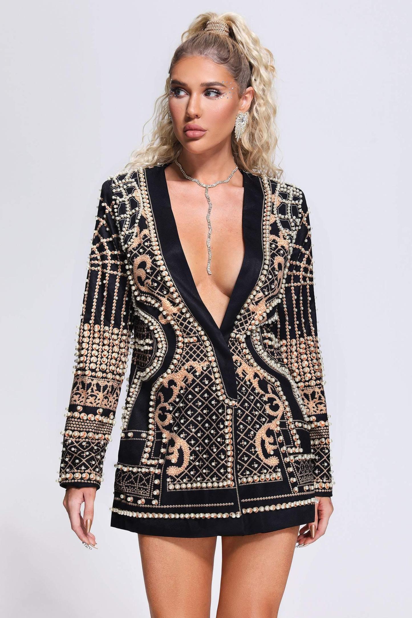 Black & Golden Pearl Black Blazer Mini Dress | Mix Mix Style [Hot Seller]-Mix MIx Style