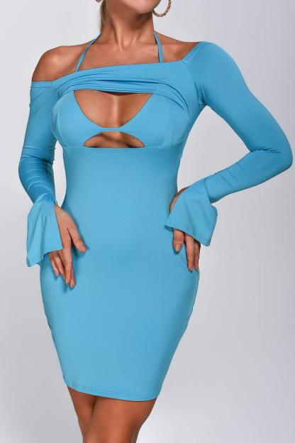 Long Sleeve Cutout Midi Dress in Blue | Mix Mix Style [Hot Seller]-Mix MIx Style