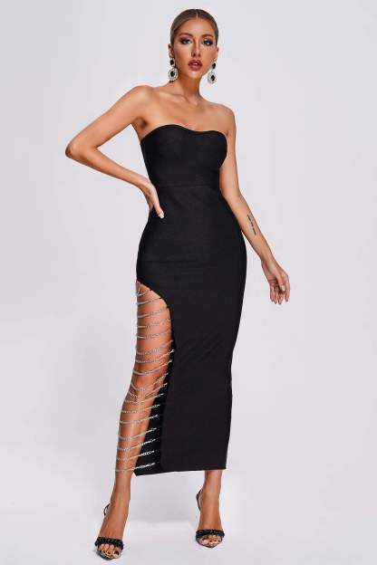 Black Strapless Diamante Midi Bandage Dress | Mix Mix Style [Hot Seller]-Mix MIx Style