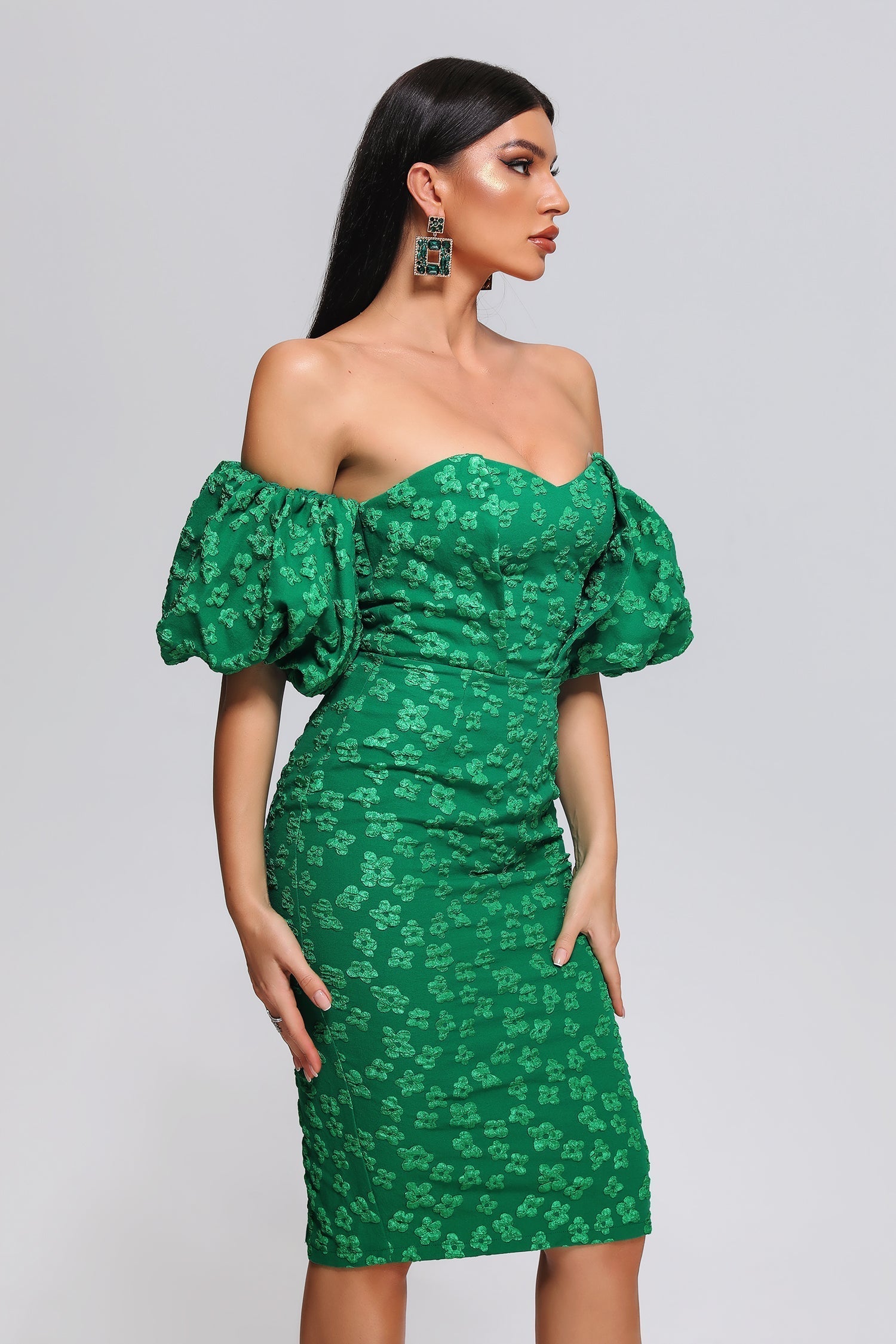 Off Shoulder Green Jacquard Mini Dress | Mix Mix Style [Hot Seller]-Mix MIx Style