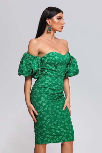 Off Shoulder Green Jacquard Mini Dress | Mix Mix Style [Hot Seller]-Mix MIx Style