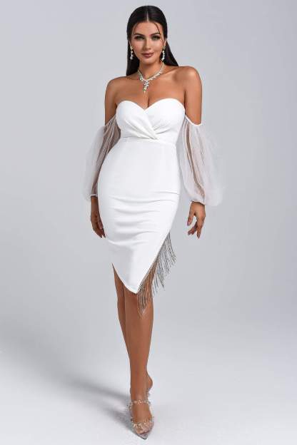 Off Shoulder Slit Midi Bandage Dress in White | Mix Mix Style [Hot Seller]-Mix MIx Style