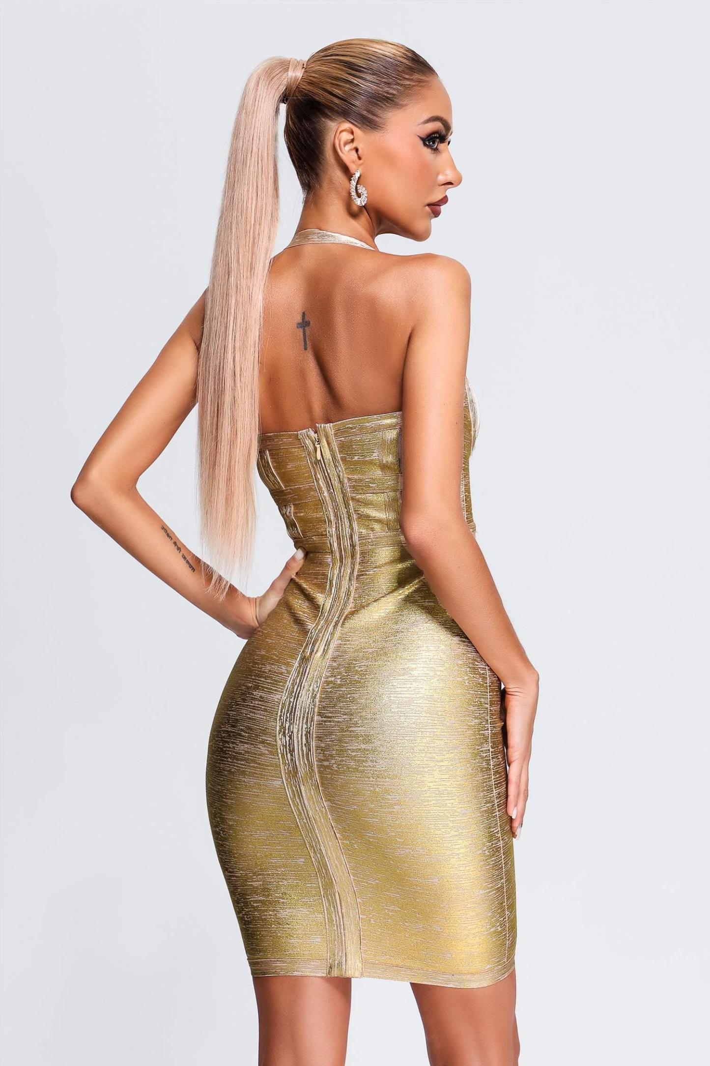 Halter Black Metallic Cocktail Dress - Gold | Mix Mix Style [Hot Seller]-Mix MIx Style