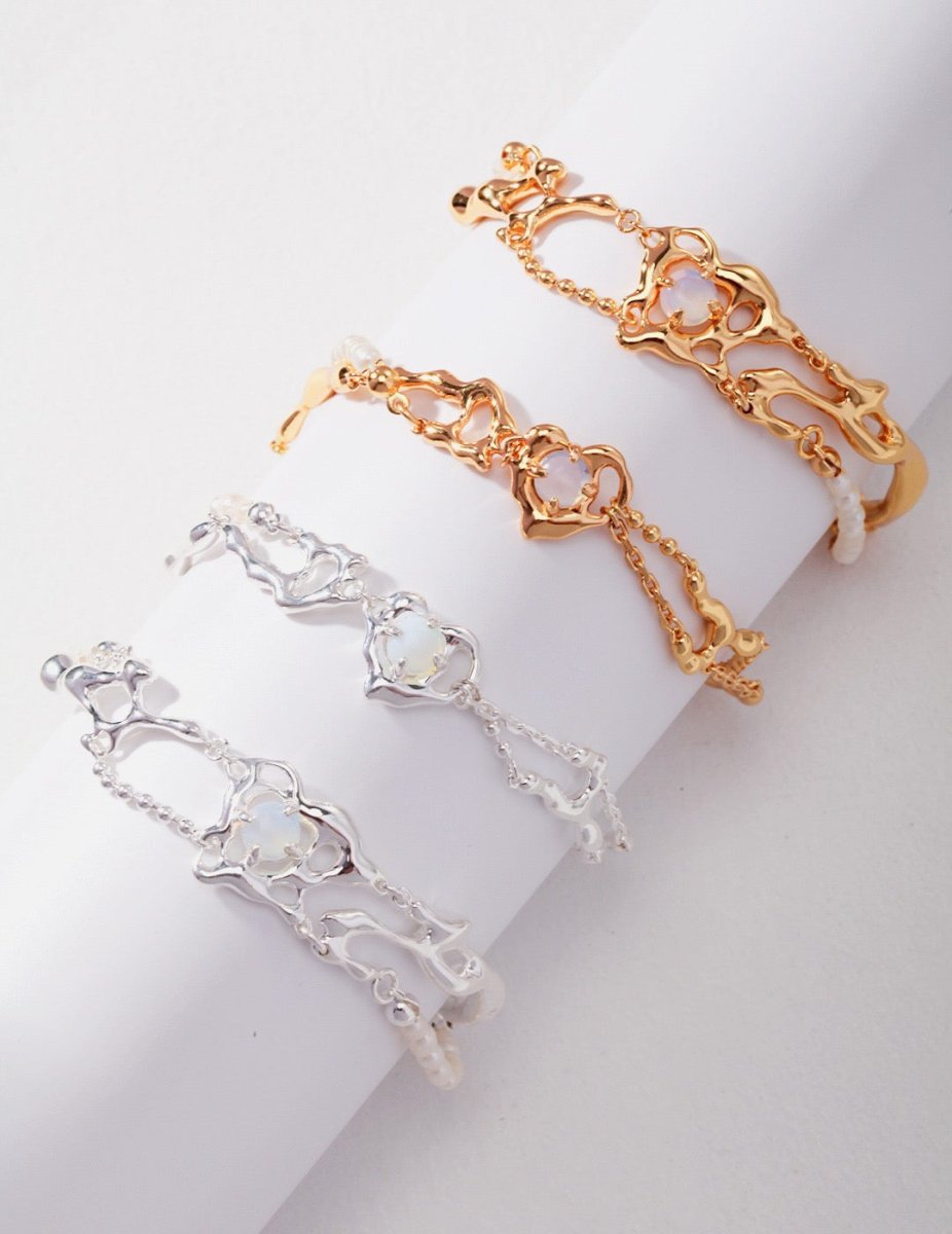 Love Heart with Opal and Pearl Chain Bracelet 18k White Gold Plated | Mix Mix Style [Hot Seller]-Mix MIx Style