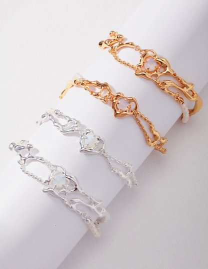 Love Heart with Opal and Pearl Chain Bracelet 18k White Gold Plated | Mix Mix Style [Hot Seller]-Mix MIx Style