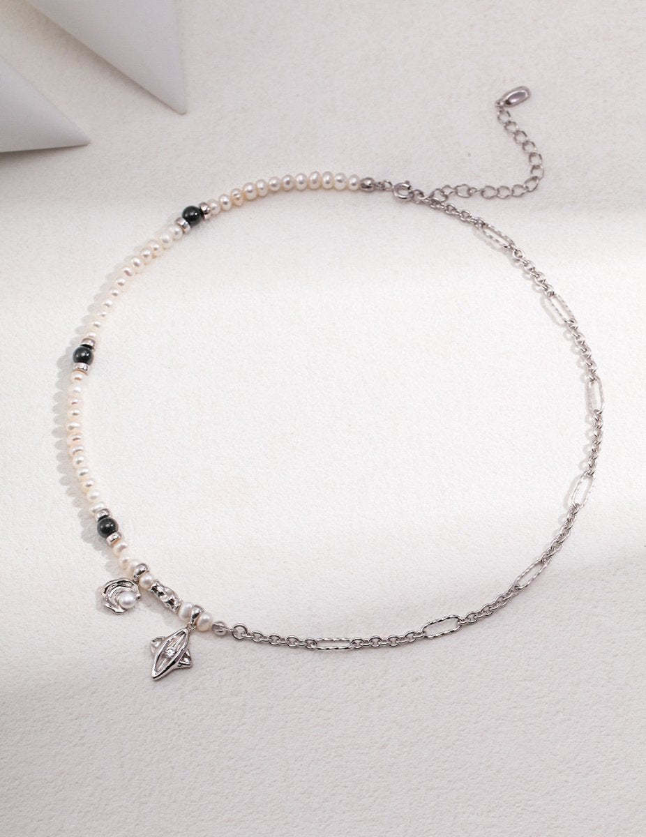 Moon and Star Sterling Silver and Pearl Necklace | Mix Mix Style-Mix MIx Style