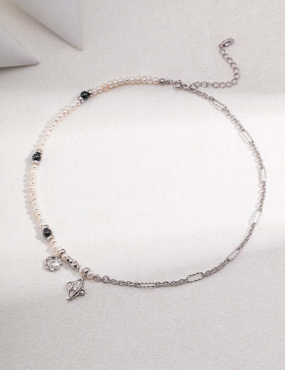Moon and Star Sterling Silver and Pearl Necklace | Mix Mix Style-Mix MIx Style