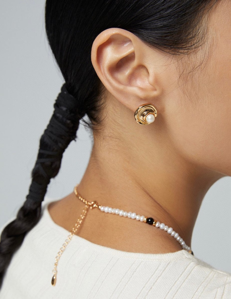 Moon Shape Sterling Silver and Akoya Pearl Earrings | Mix Mix Style-Mix MIx Style