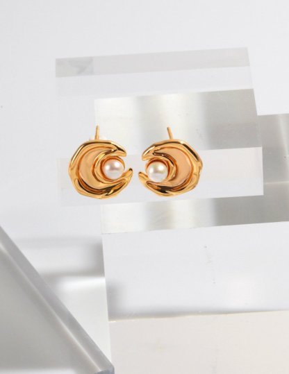 Moon Shape Sterling Silver and Akoya Pearl Earrings | Mix Mix Style-Mix MIx Style