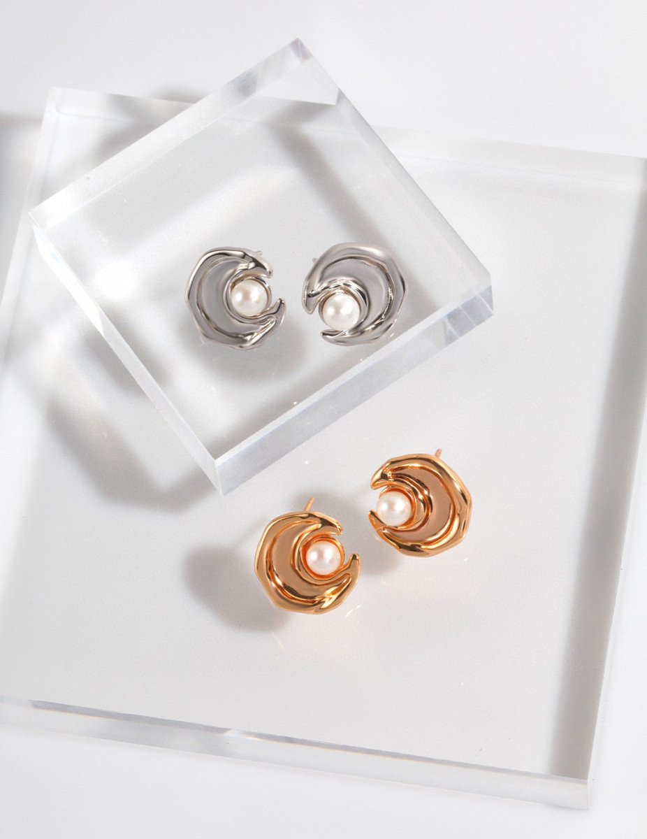 Moon Shape Sterling Silver and Akoya Pearl Earrings | Mix Mix Style-Mix MIx Style