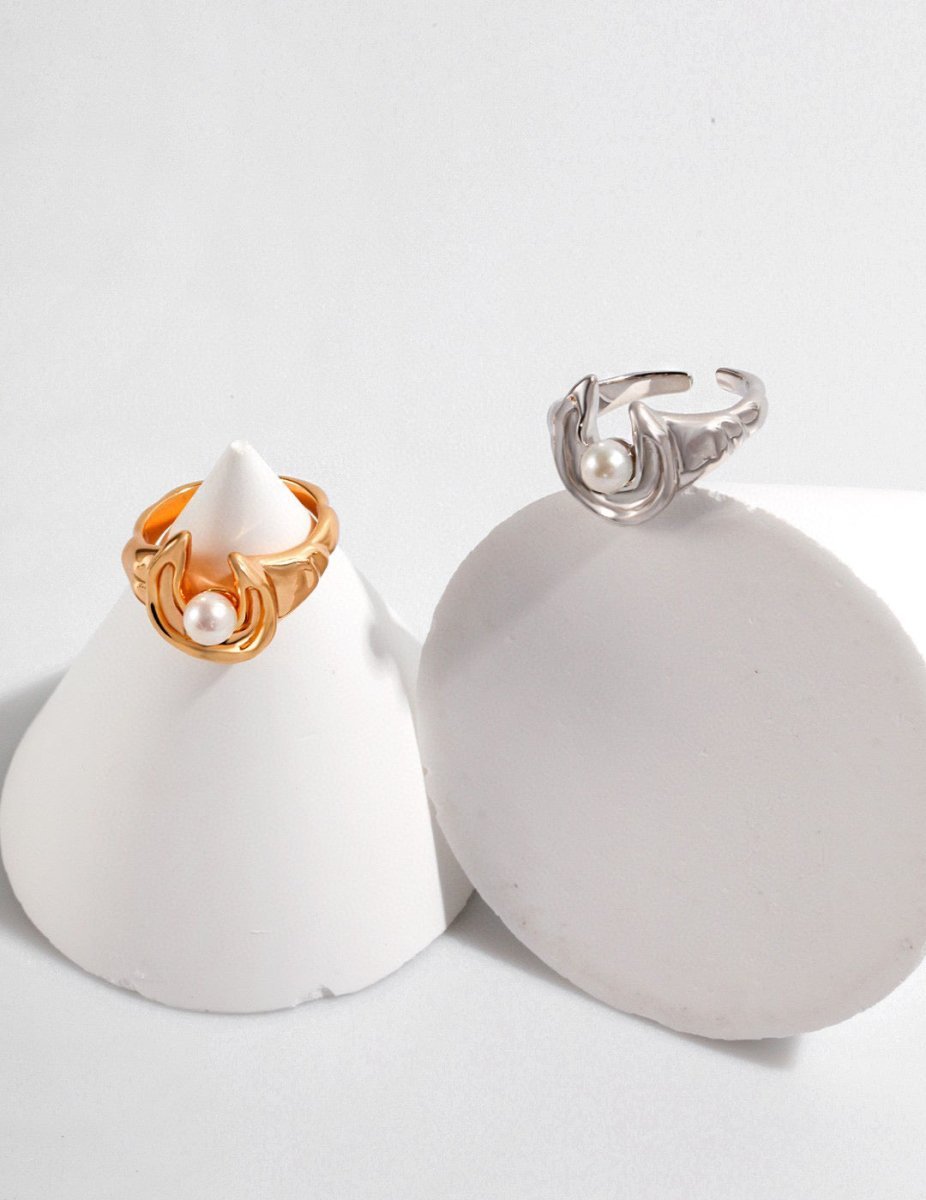 Moon Shape Sterling Silver and Akoya Pearl Open Rings | Mix Mix Style-Mix MIx Style