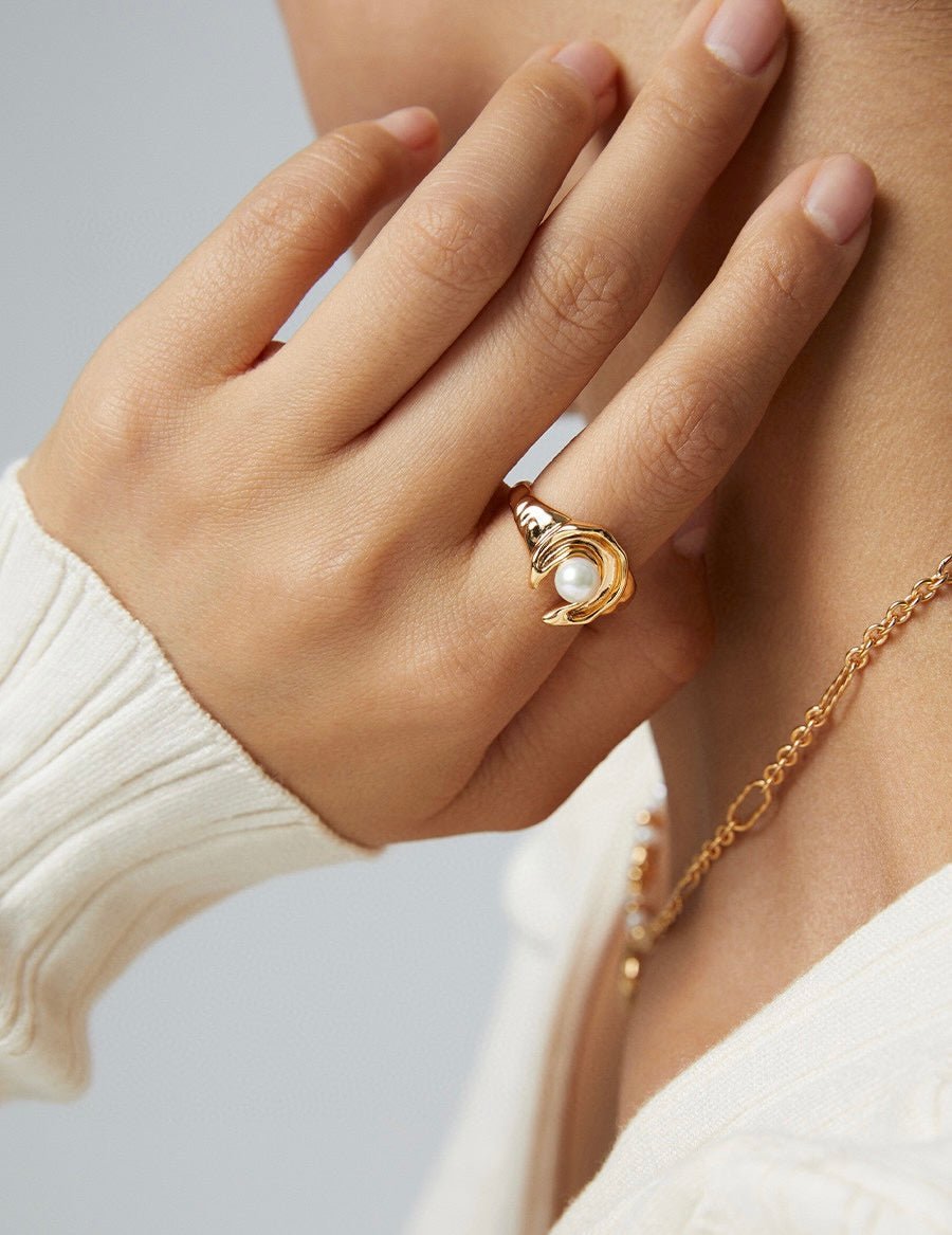 Moon Shape Sterling Silver and Akoya Pearl Open Rings | Mix Mix Style-Mix MIx Style