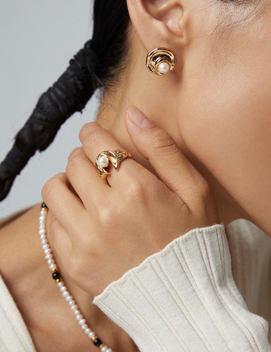 Moon Shape Sterling Silver and Akoya Pearl Open Rings | Mix Mix Style-Mix MIx Style