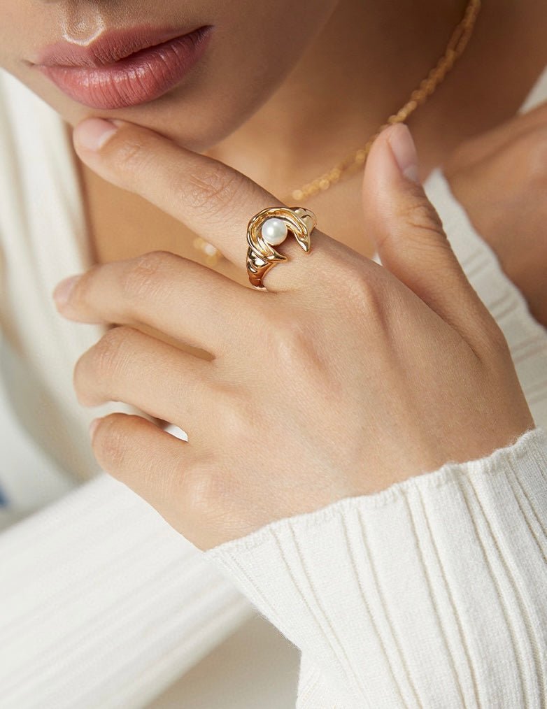 Moon Shape Sterling Silver and Akoya Pearl Open Rings | Mix Mix Style-Mix MIx Style