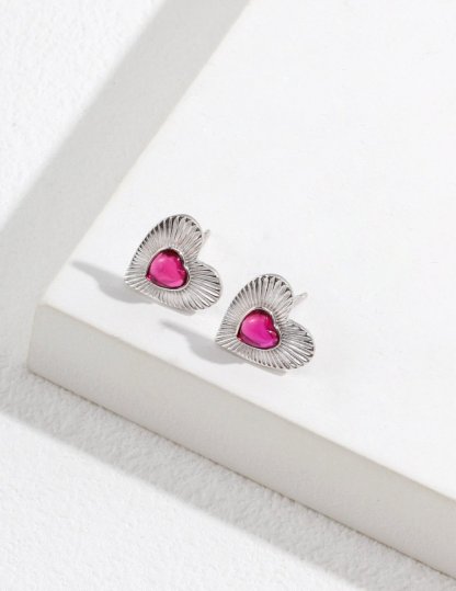 Love Heart with Pink Gemstone Sterling Silver Earrings | Mix Mix Style-Mix MIx Style