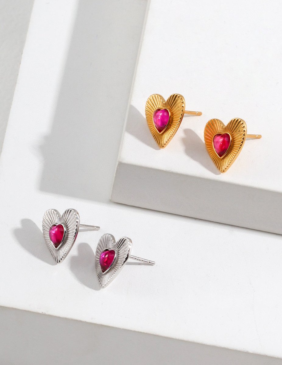 Love Heart with Pink Gemstone Sterling Silver Earrings | Mix Mix Style-Mix MIx Style
