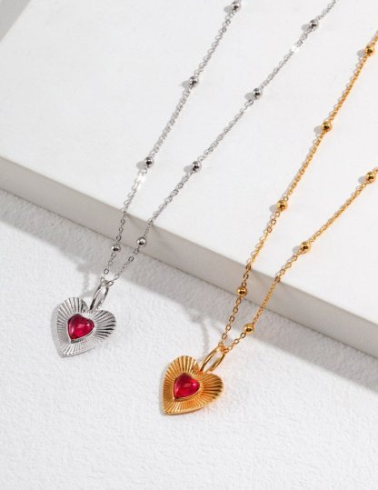 Love Heart with Pink Gemstone Sterling Silver Necklace | Mix Mix Style-Mix MIx Style