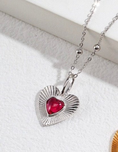 Love Heart with Pink Gemstone Sterling Silver Necklace | Mix Mix Style-Mix MIx Style