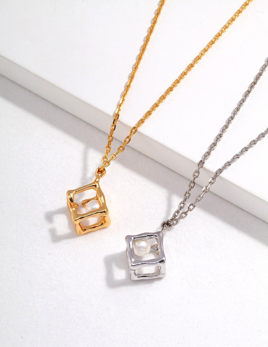Elegant Cube Square Pendant with Akoya Pearl Necklace | Mix Mix Style-Mix MIx Style